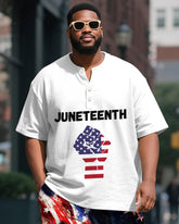 Men's Plus Size Juneteenth Fist Letter Print Henley Collar Short Sleeve T-Shirt Shorts Suit